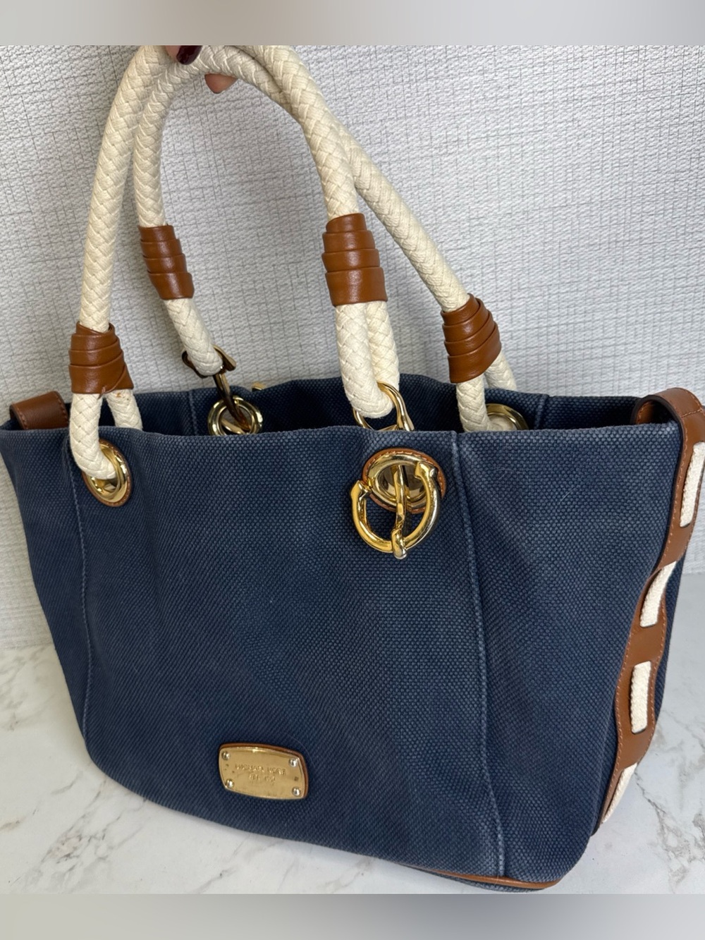 Michael Kors Marina Tote Purse Bag Navy Blue Canvas Rope Handles w/ Anchor Large